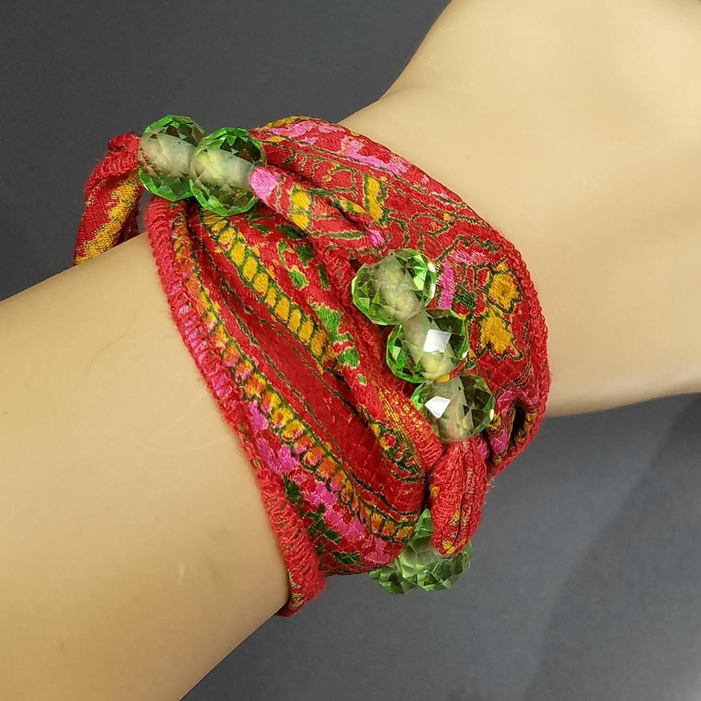 Sari Silk Wrap Bracelet, Red Green Silk Crystal Wrap Bracelet, Multi