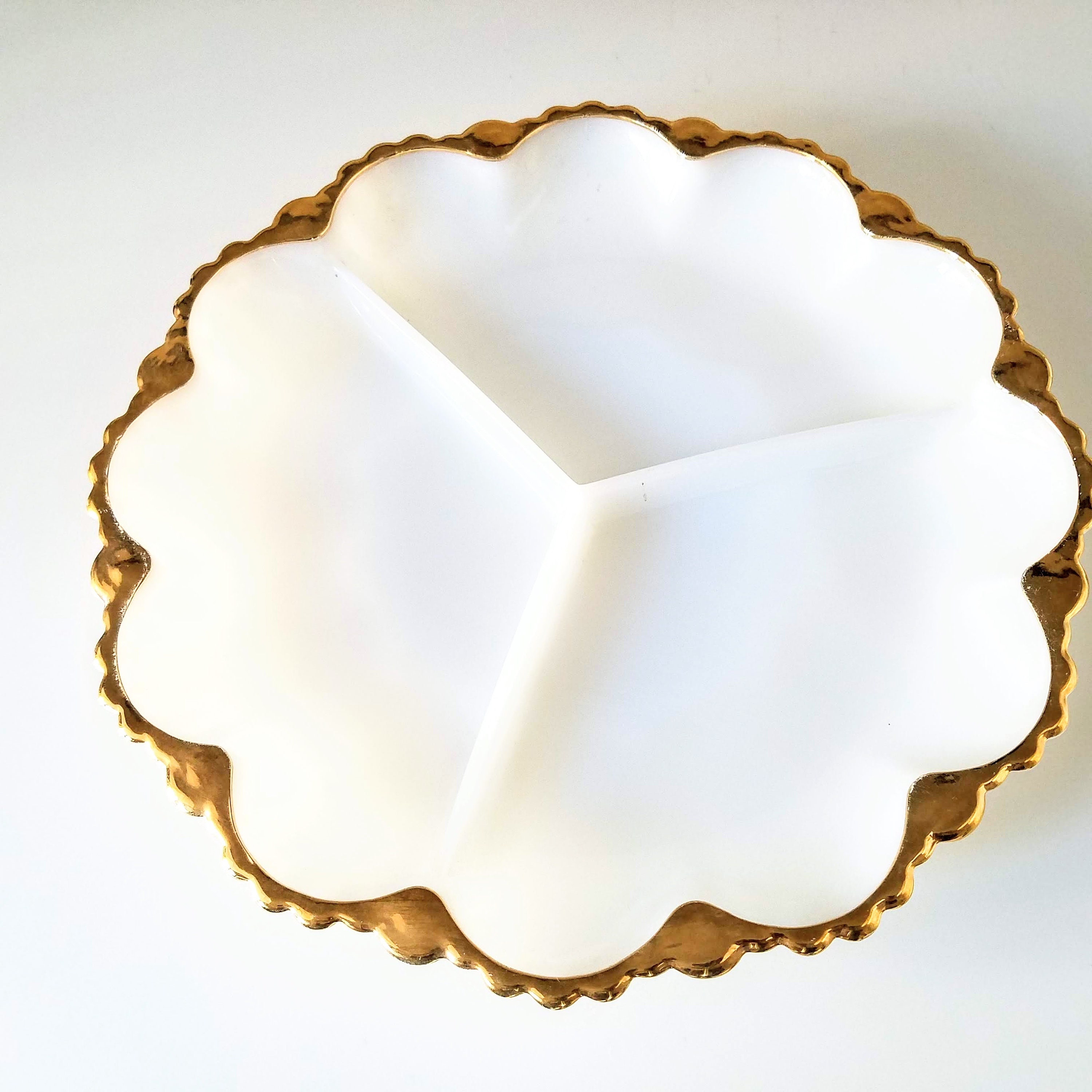 Gold Rimmed Milk Glass Plate, Vintage White Milk Glass Divided Plate