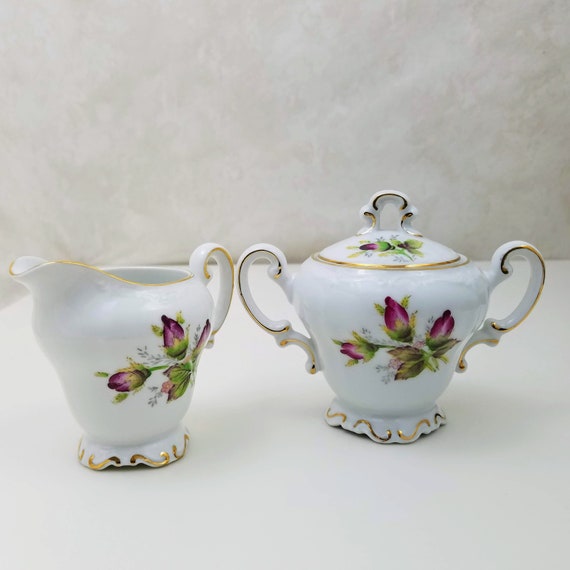 Vintage Ohata China Creamer and Sugar, Occupied Japan Porcelain Creamer and Sugar Bowl with Lid, Moss Rose Farmhouse Decor, Wedding Gift