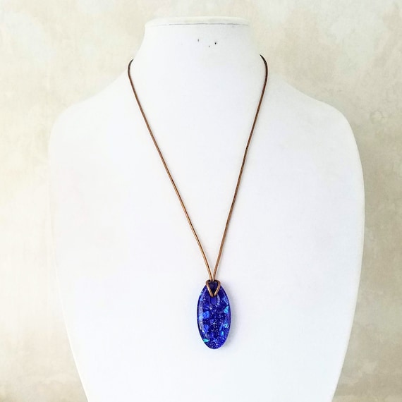 Blue Necklace, Royal Blue Dichroic Fused Glass Pendant on a Bronze Leather Adjustable Cord, Handmade Hypoallergenic Necklace