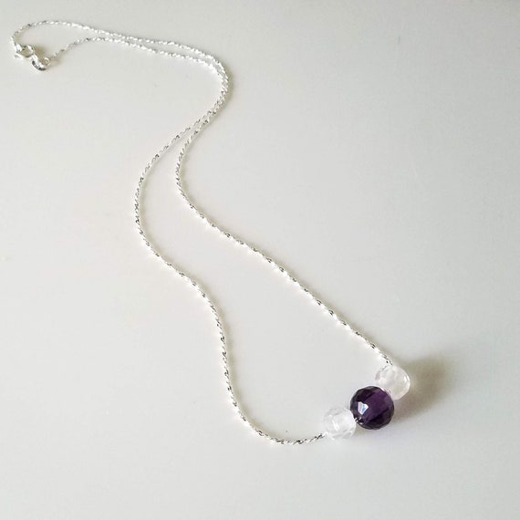 Crystal Necklace, Amethyst and Clear Faceted Crystals on Sterling Silver Necklace Chain, 18 Inch Minimalist Necklace