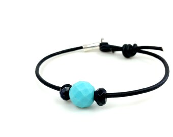 Turquoise Howlite Leather Anklet, Black Obsidian Accents, Adjustable Bracelet