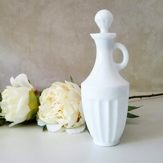 Vintage Avon Milk Glass Bottle, Avon Bath Oil White Glass Cruet Bottle with Stopper, Collectible Avon Pressed Glass