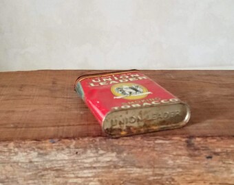 Vintage Union Leader Tobacco Tin, Red Metal Container, Rustic Decor