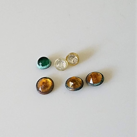 Vintage Buttons, Rhinestone Glove Buttons in Amber Green and Clear, Vintage Sewing and Jewelry Supplies