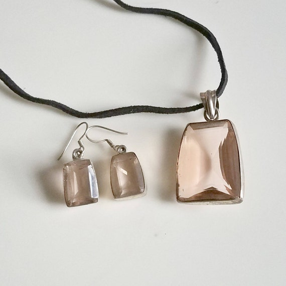 Pink Silver Pendant, Pink and Silver Earrings, Vintage Handmade Bohemian Sterling Silver  and Pale Pink Glass Jewelry, Gift for Her