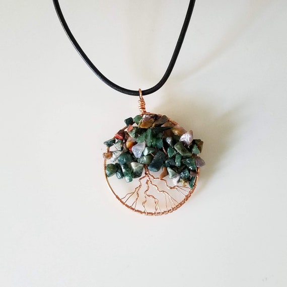 Tree of Life Pendant Necklace, Artisan Fancy Jasper Pendant, Gemstone and Copper Tree of Life Pendant on Black Leather Adjustable Cord