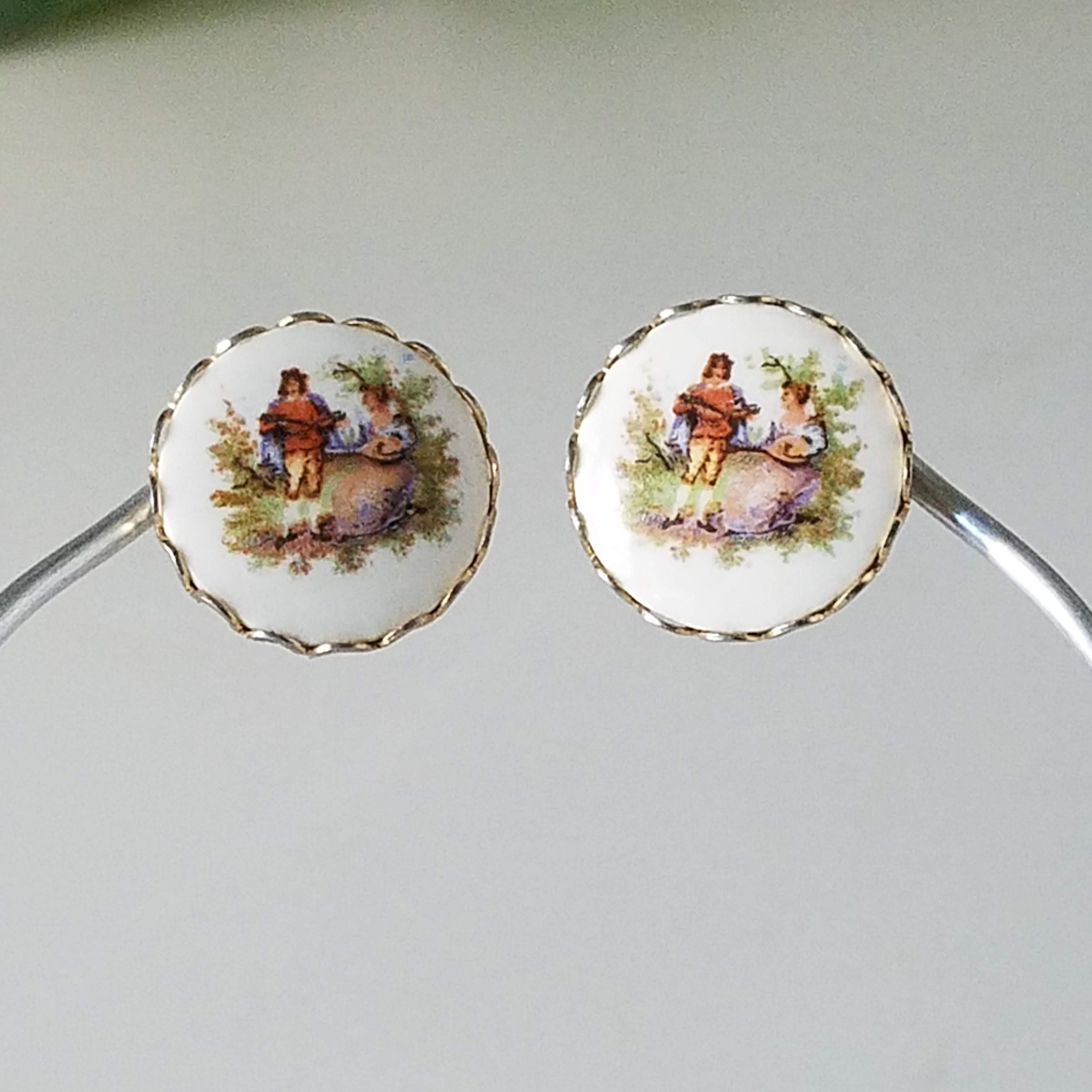 Vintage Clip On Earrings, Victorian Style Courting Couple Porcelain Earrings,