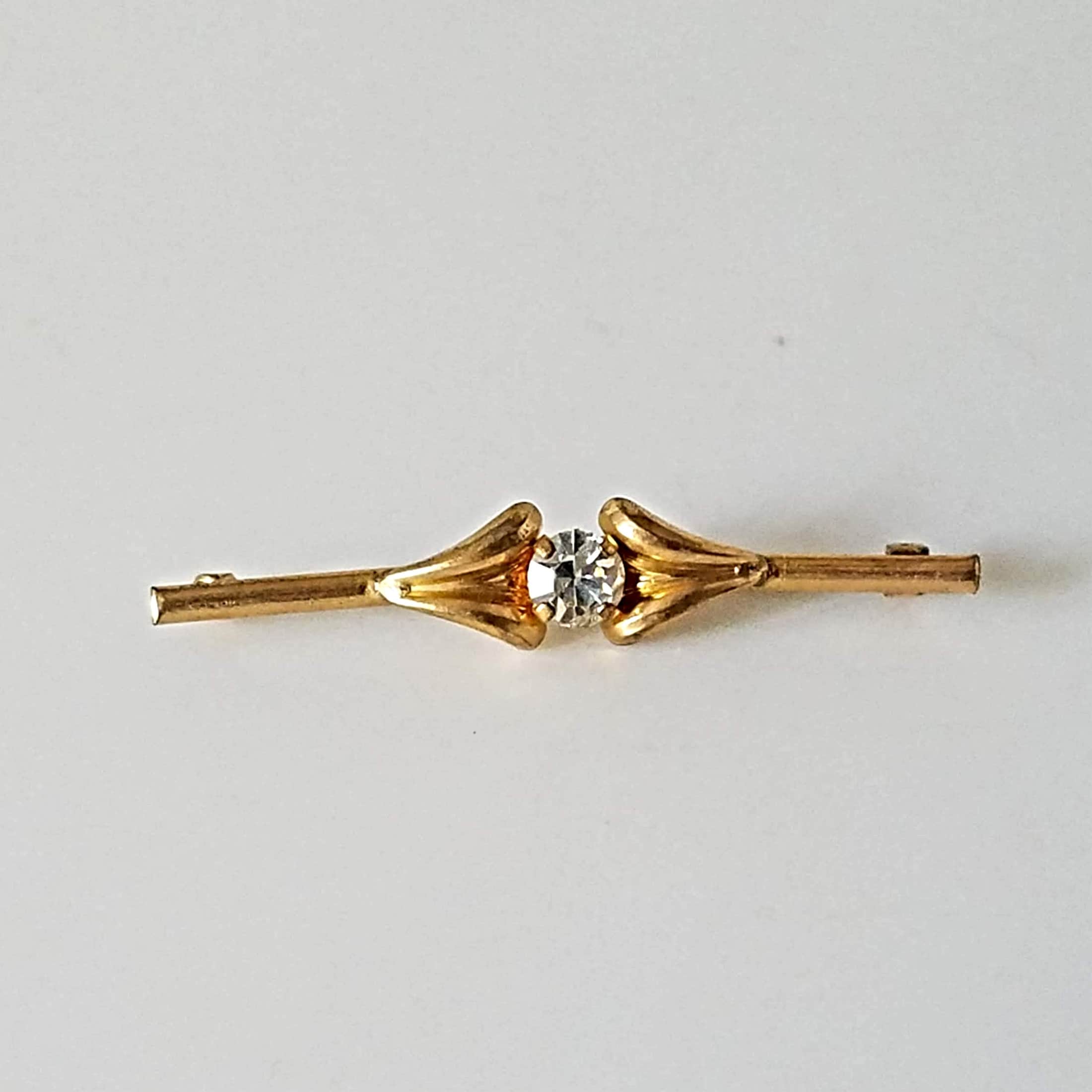 Antique Gold Brooch, 10kt Gold Plated Bar Pin with Faux Diamond, Art