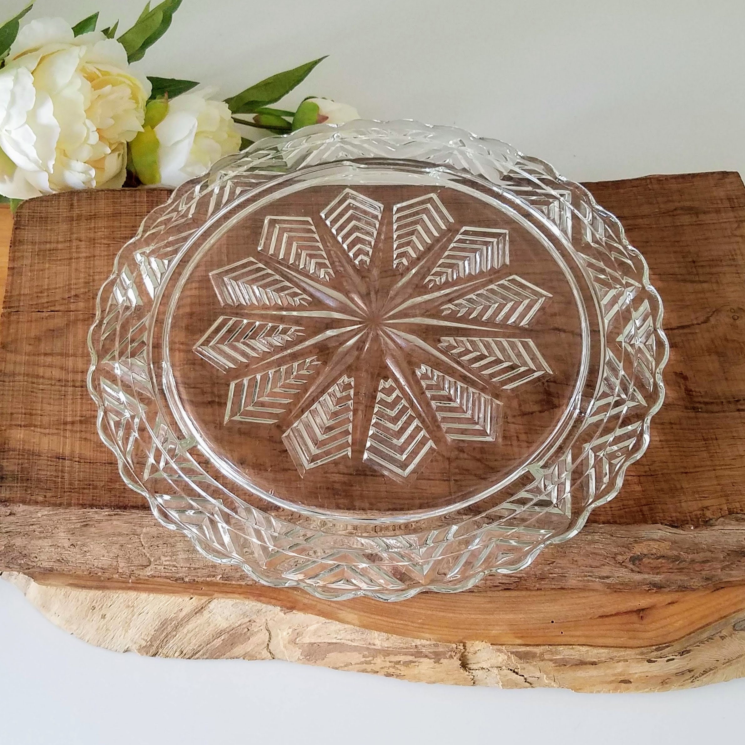 Glass Cake Plate, Vintage Federal Three Footed Pressed Glass Cake Plate