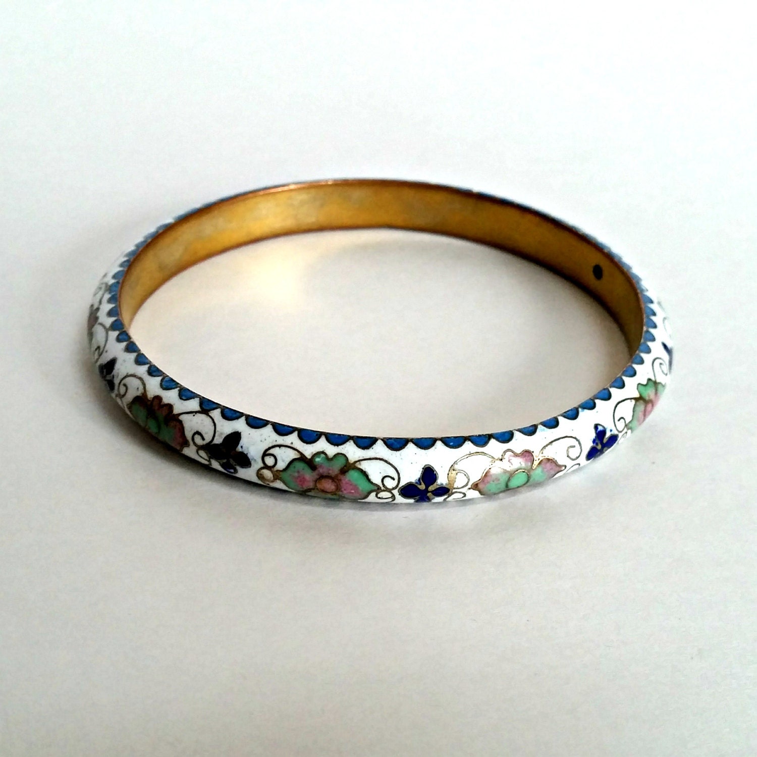 Vintage Cloisonne Bangle Bracelet, White Bracelet, Flowered Bangles