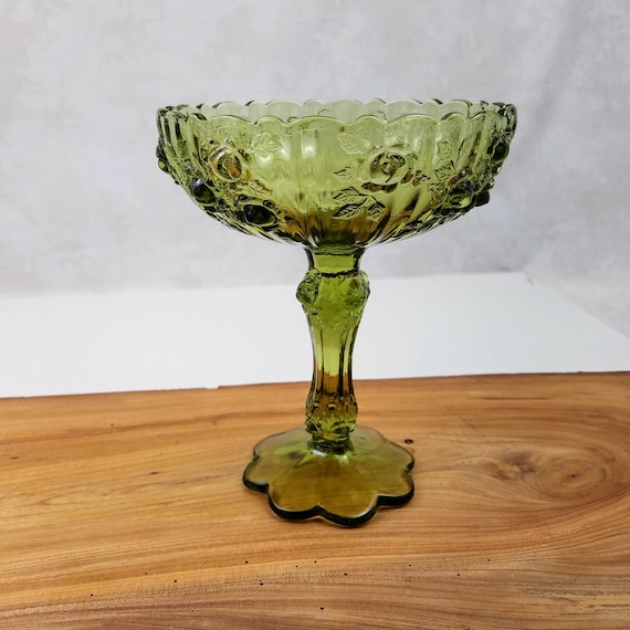 Fenton Cabbage Rose Compote, Green Glass Pedestal Dish, Vintage Art Glass Collectible Dish, Unique Romantic Gift