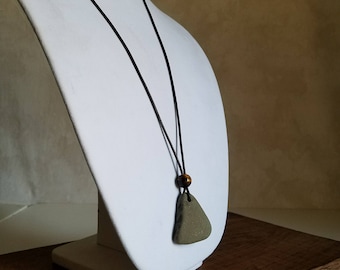 Long Leather Necklace, River Rock Pendant, Natural River Stone Jewelry, Hypoallergenic River Rock and Tigers Eye Necklace, Yoga Jewelry