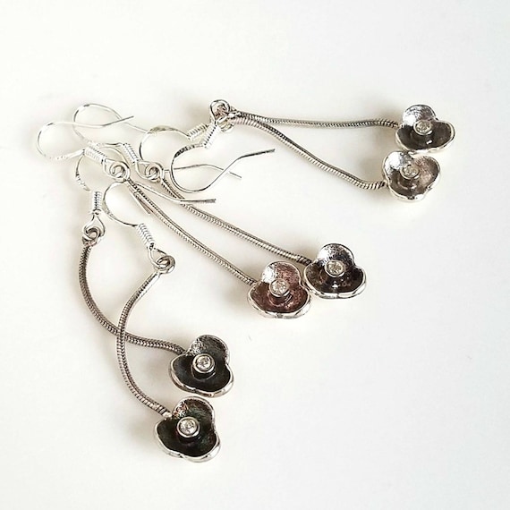 Boho Silver Dangle Earrings, Silver CZ Flower Earrings, Long Sterling Silver Earrings, Romantic Silver Jewelry Gift for Her, Flower Jewelry