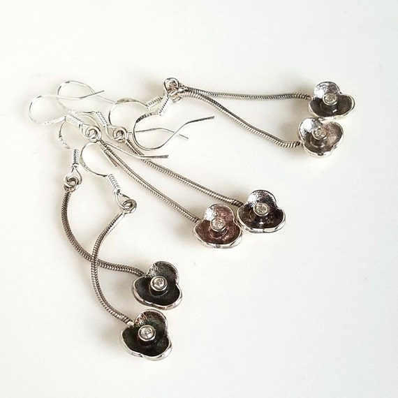 Boho Silver Dangle Earrings, Silver CZ Flower Earrings, Long Sterling Silver Earrings, Romantic Silver Jewelry Gift for Her, Flower Jewelry