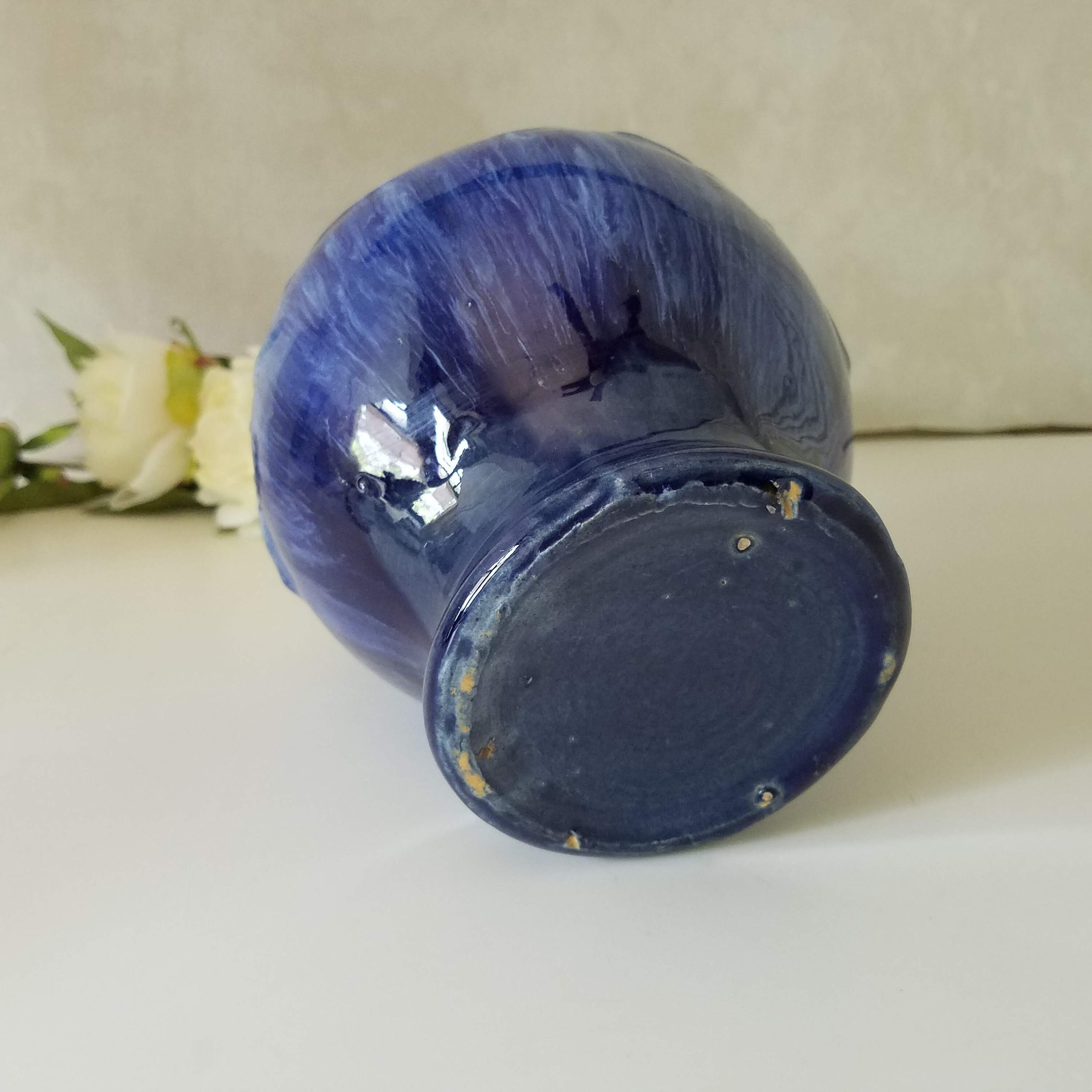 Nelson McCoy Blue Drip Glaze Vase, Leaves and Berries Art Vase, Indigo