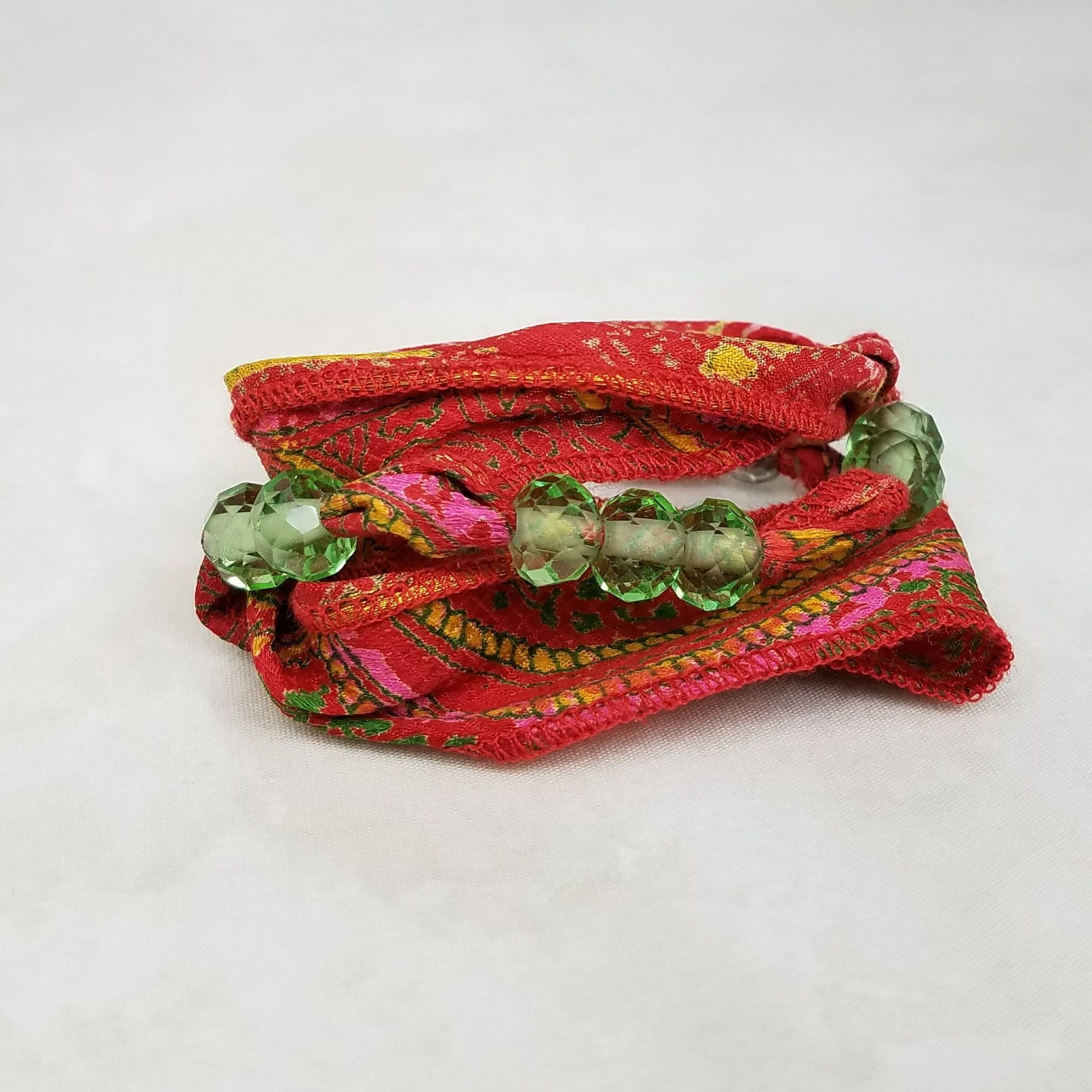 Sari Silk Wrap Bracelet, Red Green Silk Crystal Wrap Bracelet, Multi