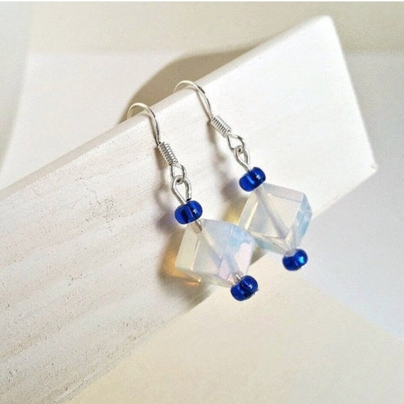 Opalite Moonstone Earrings, Sterling Silver Earrings, Blue White Minimalist Earrings, Romantic Earrings For Women, Artisan Jewelry Gifts