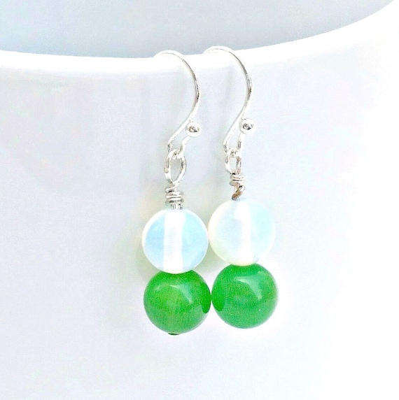 Green Earrings, Moonstone Round Drop Earrings, Holiday Jewelry Gifts of Everyday Earrings, Minimalist Jewelry, Bridesmaids Earrings