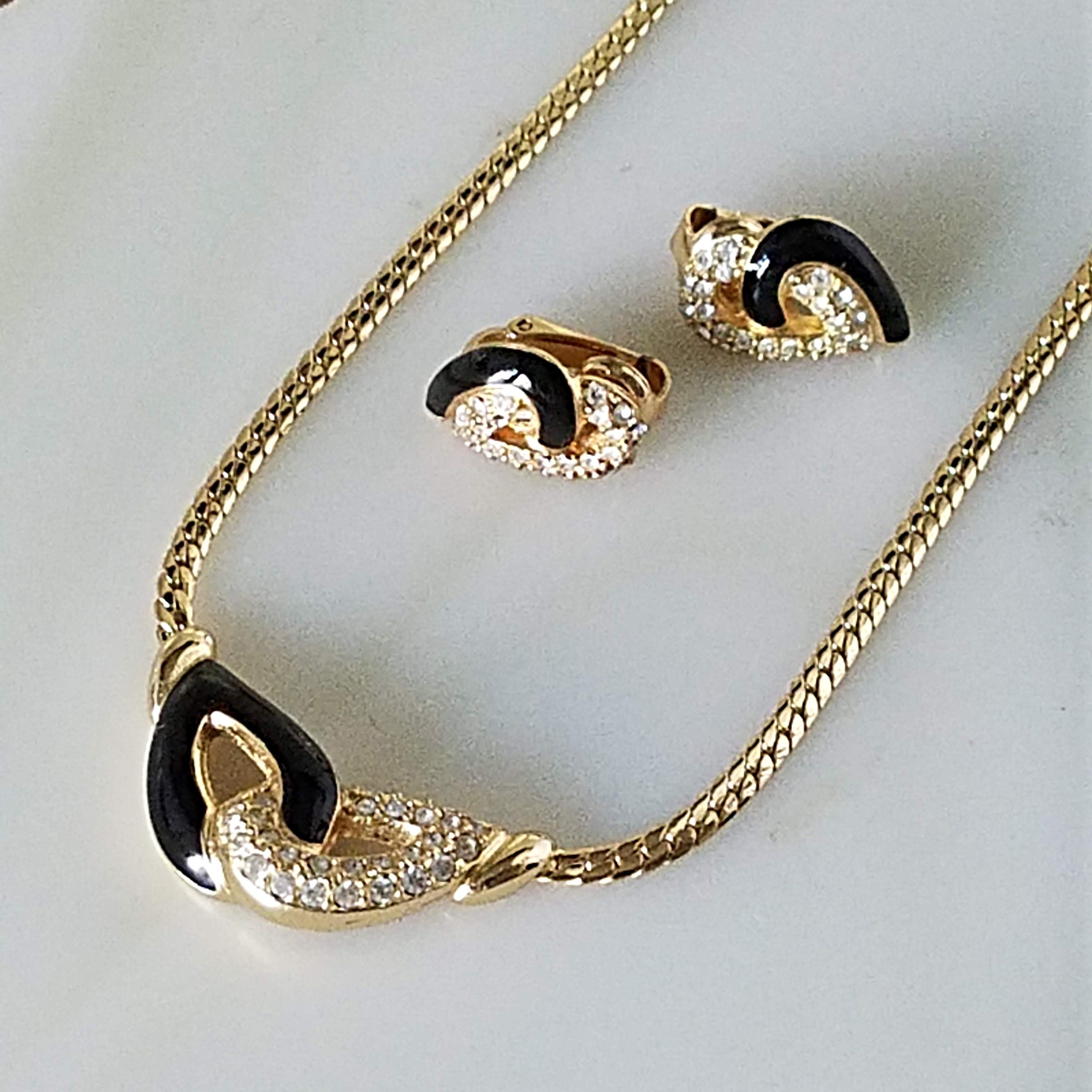 Christian Dior Necklace and Earrings, Designer Black Gold and