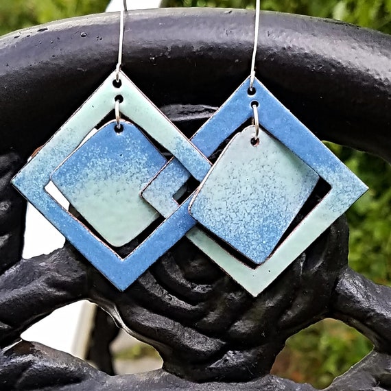 Statement Earrings, Enameled Copper Art Deco Earrings Ombre Blue Enamel and Sterling Silver Wires