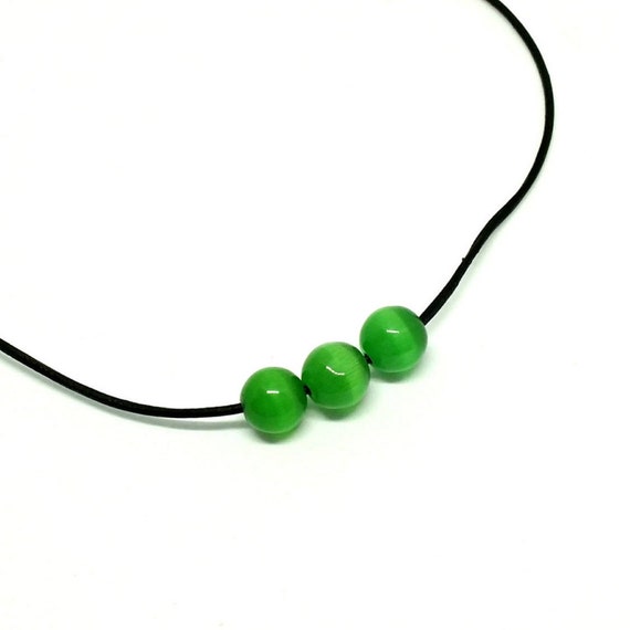 Green Adjustable Necklace, Minimalist Necklace, Green Cats Eye Necklace, Layering Necklace, Boho Leather Choker, Unique Jewelry Gift for Her