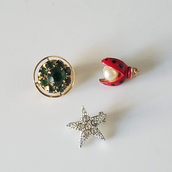 Lapel Pins, Sarah Coventry Ladybug Pearl, Green Rhinestone Flower, Silver Rhinestone Star, Vintage Brooches