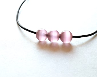 Pink Cats Eye Bead Necklace, Minimalist Leather Choker