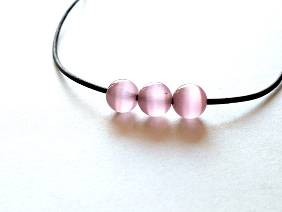 Pink Necklace, Minimalist Necklace, Layering Necklace, Pink Cats Eye Beads, Leather Choker, Boho Necklace, Everyday Jewelry, Gift for Her