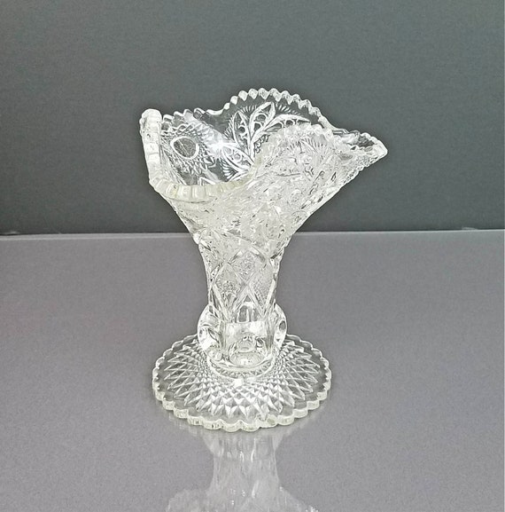 Vintage Pressed Glass Vase, EAPG Sawtooth Ruffled Pedestal Dish, Clear Glass Vase, Collectible Glassware Gifts, Early Pressed Glass Vase