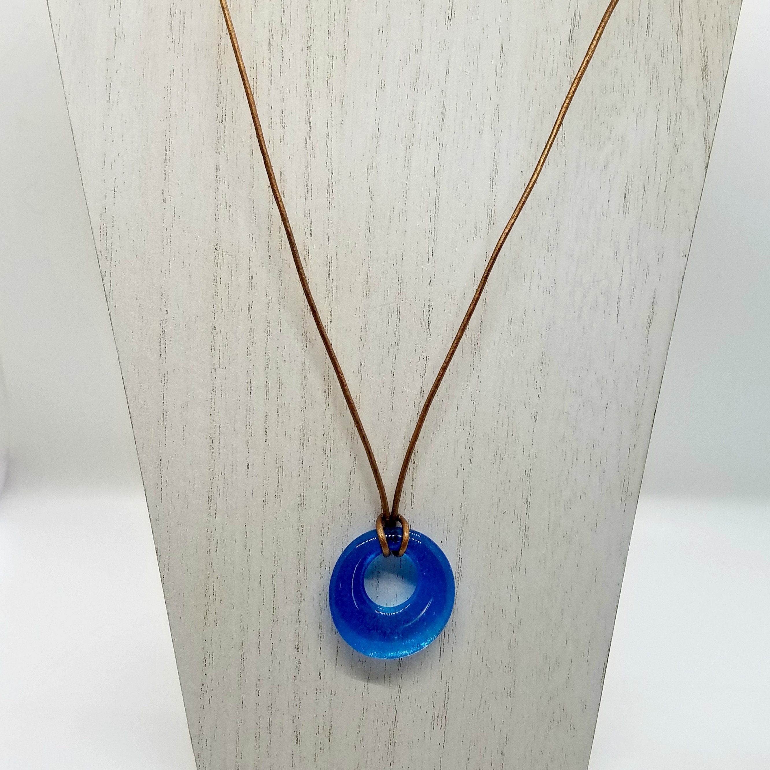 Blue Glass Hoop Pendant Necklace on Bronze Leather Cord, Adjustable