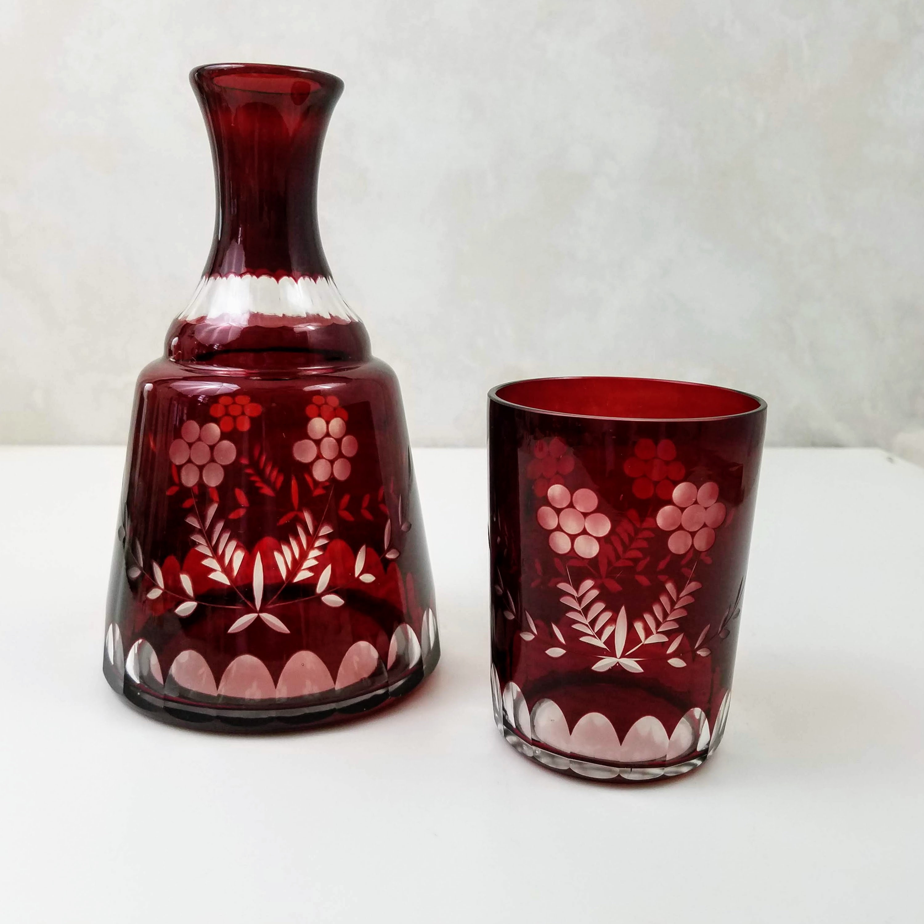 Bohemian Ruby Red Etched Glass Decanter and Glass, Vintage Red Glass Decor Carafe and Tumbler