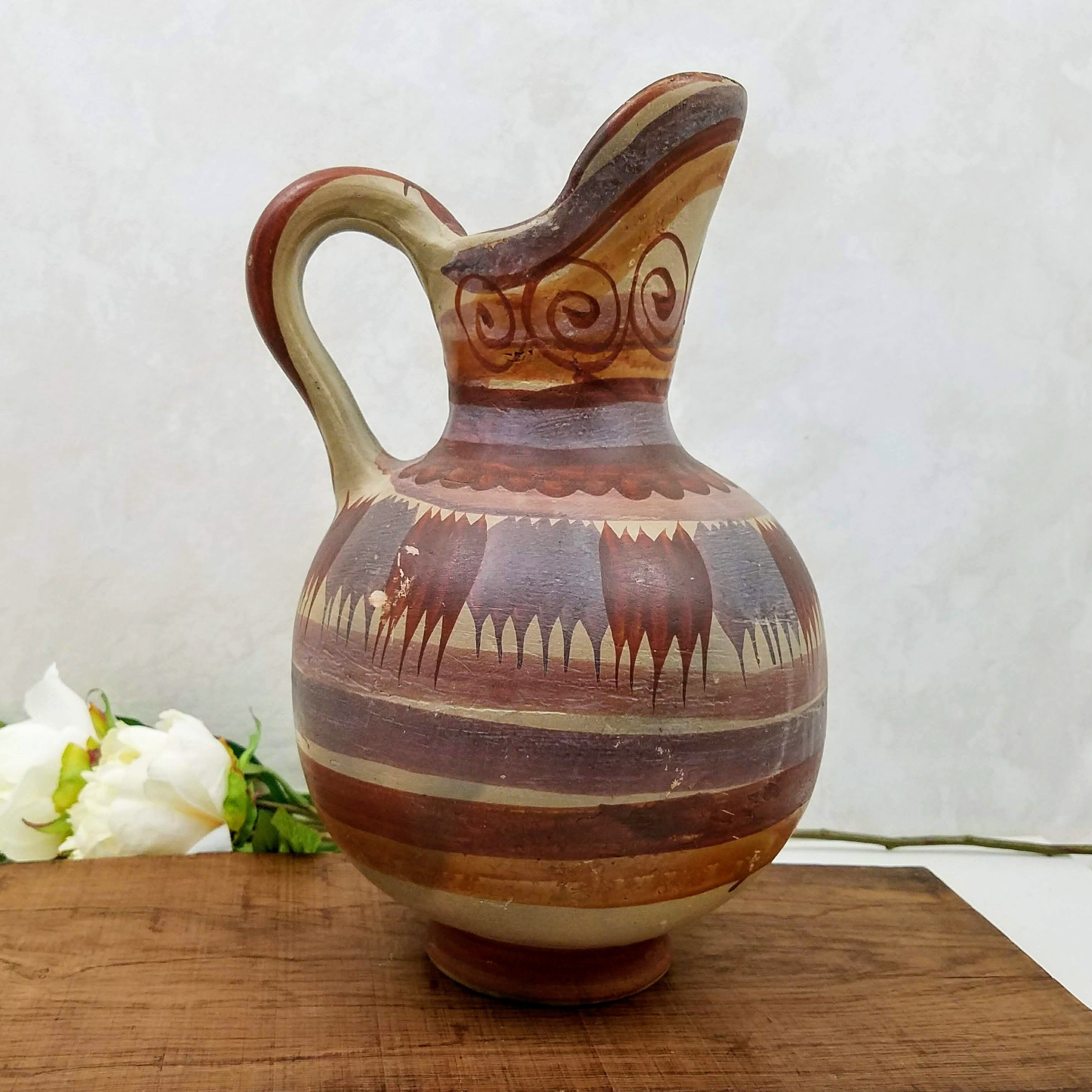 Folk Art Ceramic Pitcher, Large Ceramic Pitcher, Vintage South American ...