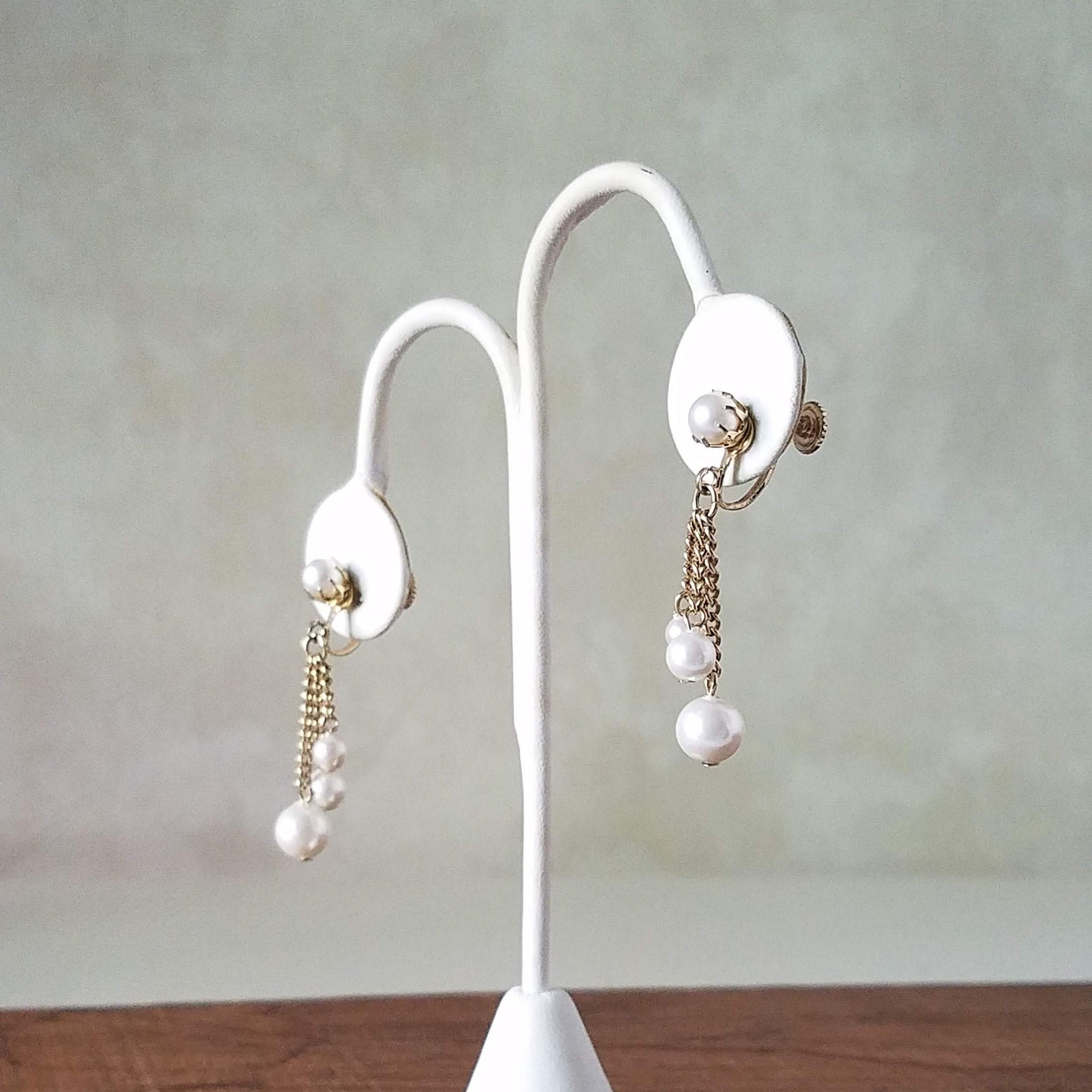 Pearl Drop Dangle Chain Earrings, Bridal Wedding No Pierce Earrings, White Faux Pearl Vintage