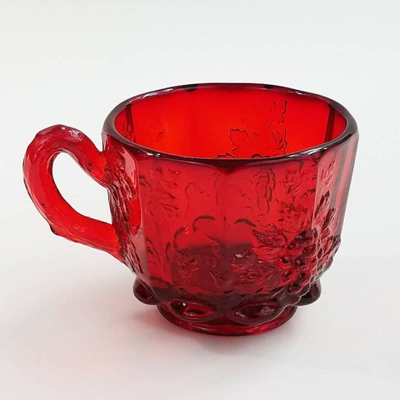 Vintage Ruby Red Glass Mug, Pressed Glass  Harvest Grape Mug, Vintage Collectible Glass, Vintage Decorating, Holiday Decor, Ruby Red