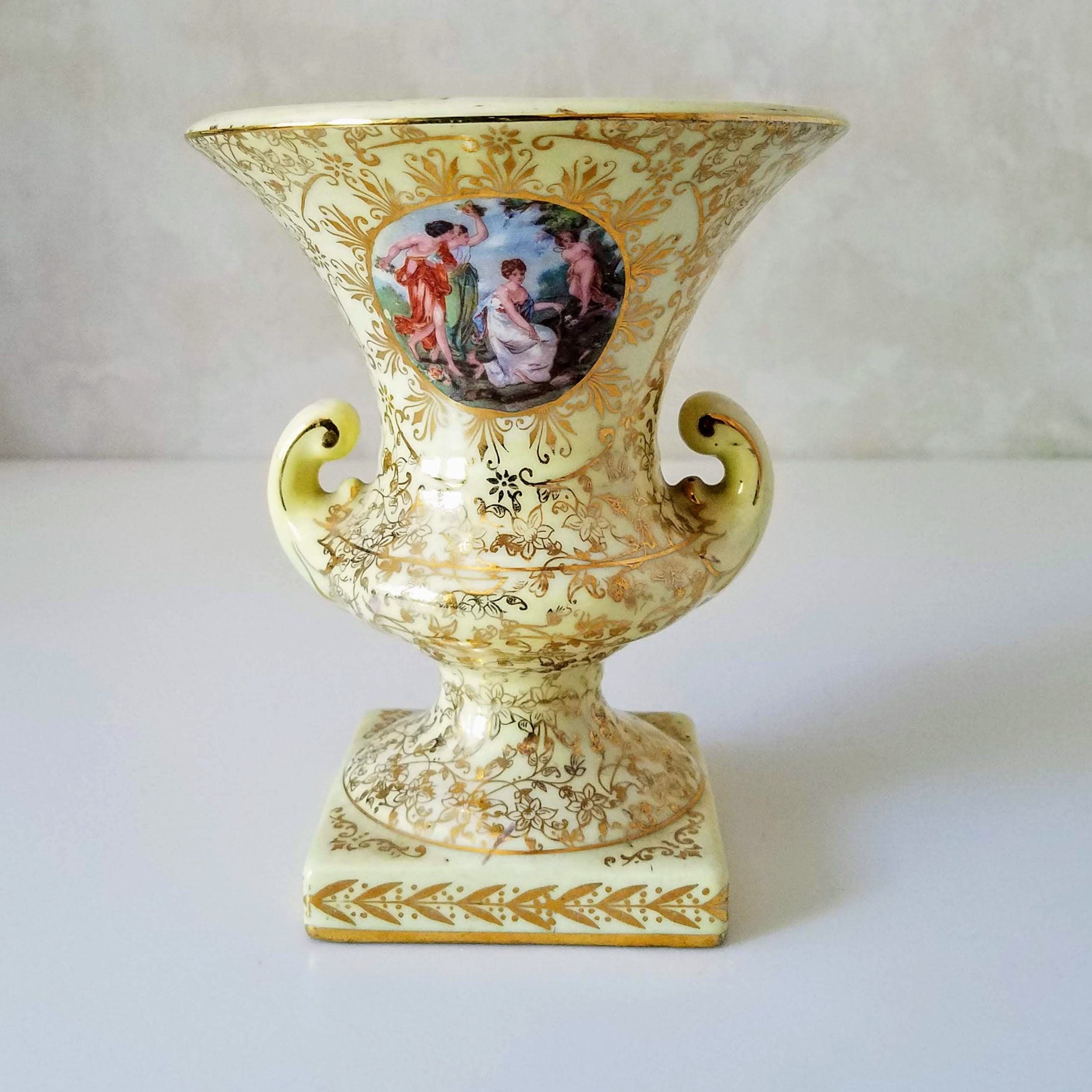 Vintage Urn Style Vase, Yellow Two Handled Portrait Campana Urn Covered