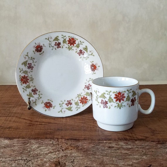 Porcelain Espresso or Chocolate Cup and Saucer, Red Flowered Small Cup and Saucer Marked Fine Porcelain
