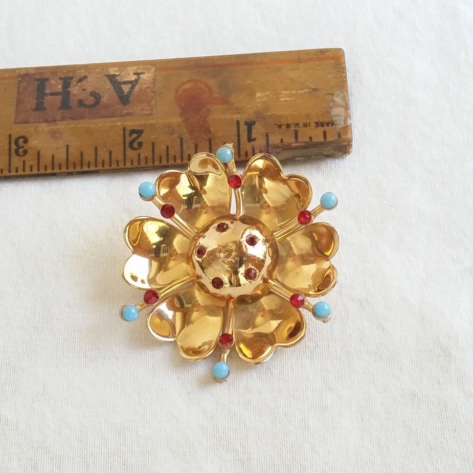 Vintage Coro Brooch, Gold Enamel and Rhinestone Pin, Vintage Flower ...
