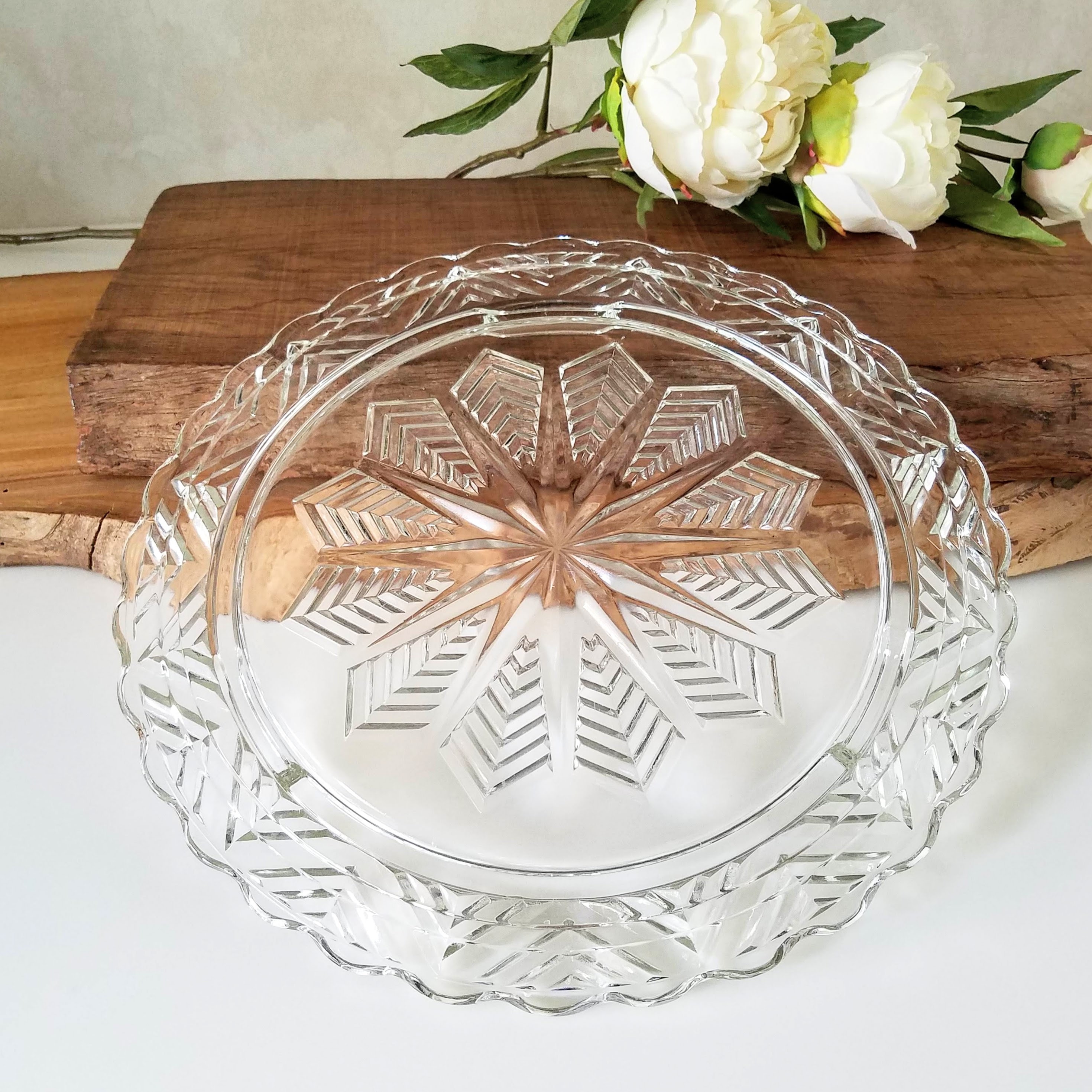 Glass Cake Plate, Vintage Federal Three Footed Pressed Glass Cake Plate