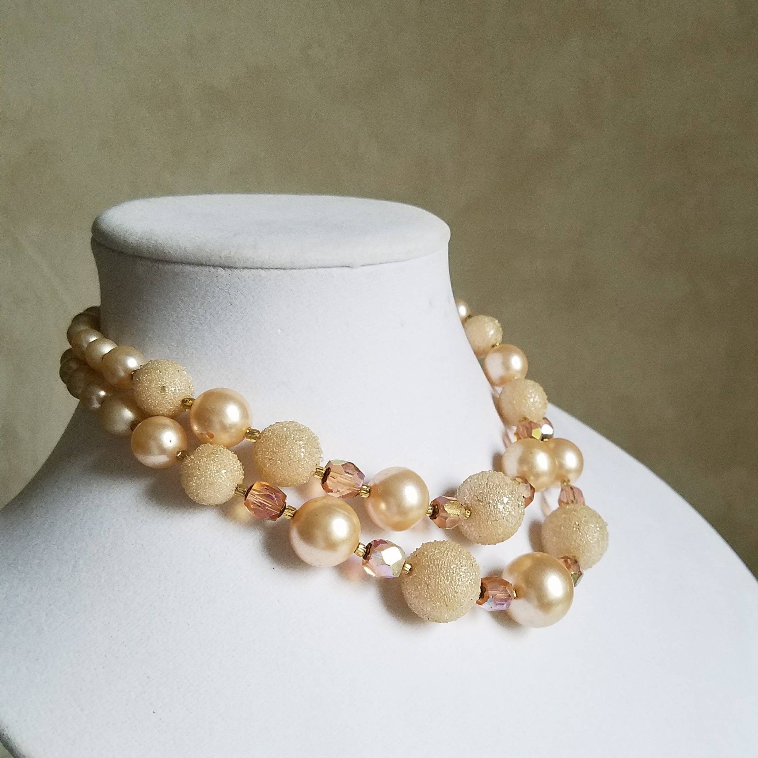 Vintage Soft Pink Beaded Necklace, Sparkly Sugar Bead Necklace