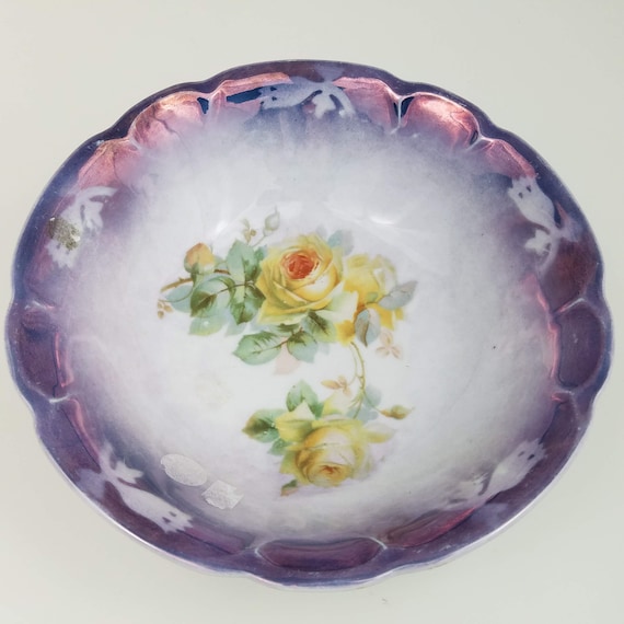 Vintage German Porcelain Bowl, German Lusterware Flowered Bowl, Purple Porcelain with Yellow Roses, Flowered Bowl, Vintage Farmhouse Decor