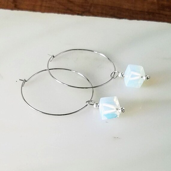 Stainless Steel Hoop Earrings with Opalite Cube Removable Charm, Minimalist Boho Earrings