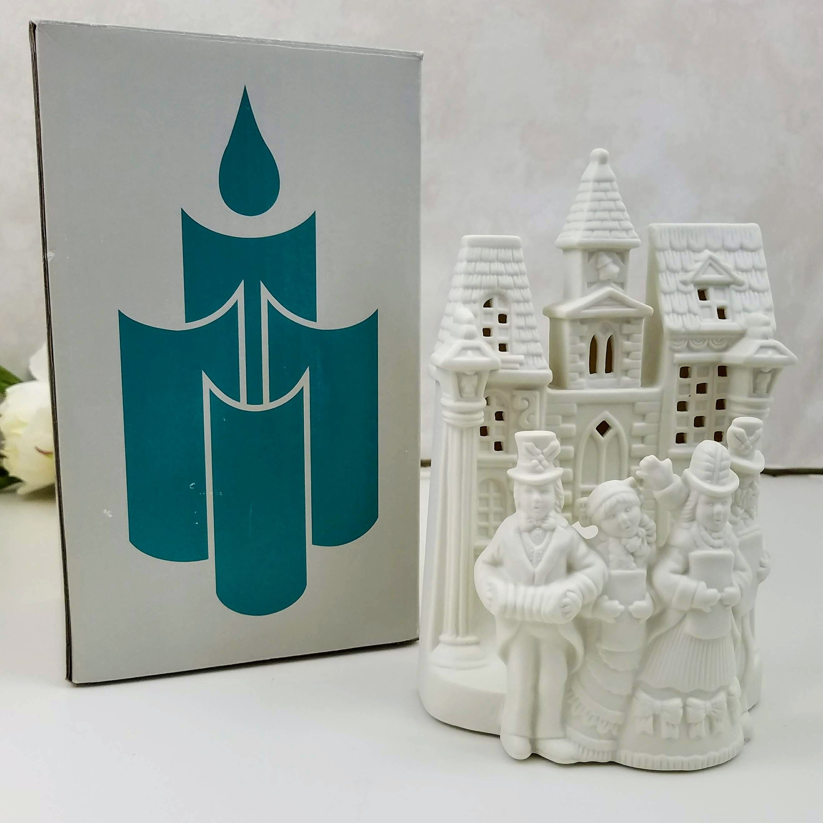 Village Carolers Candle Holder and Display, White Bisque Victorian Carolers Christmas Decoration