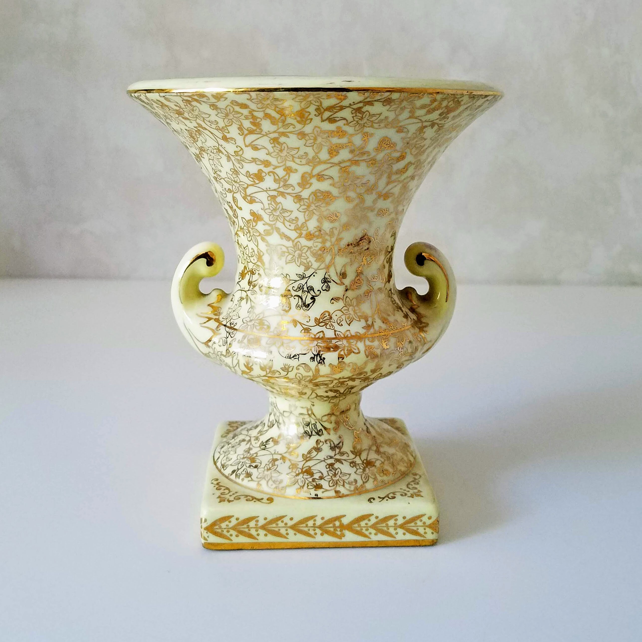 Vintage Urn Style Vase, Yellow Two Handled Portrait Campana Urn Covered