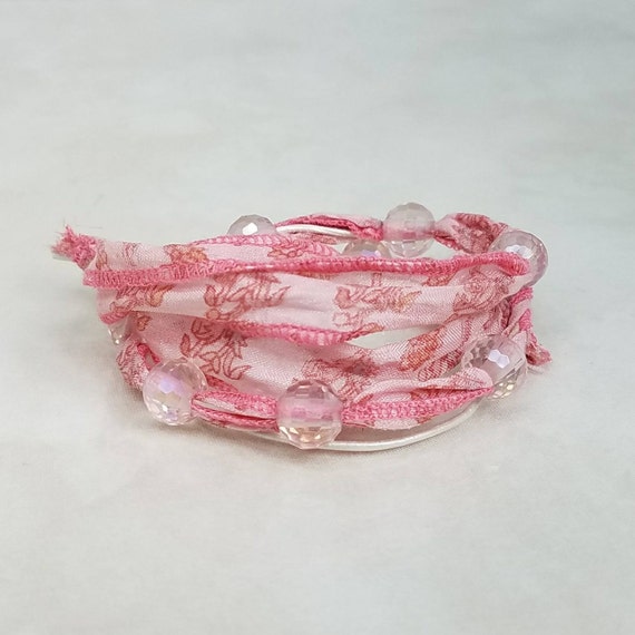 Silk and Crystal Wrap Bracelet, Pink White Bracelet, Sari Silk Wrap Bracelet, Multi Wrap Boho Bracelet, Adjustable Silk and Leather Choker
