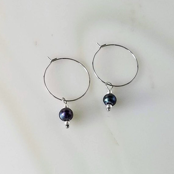 Stainless Steel Hoop Earrings with Peacock Blue Freshwater Pearls, Minimalist Boho Pearl Earrings with Removable Pearl Charm