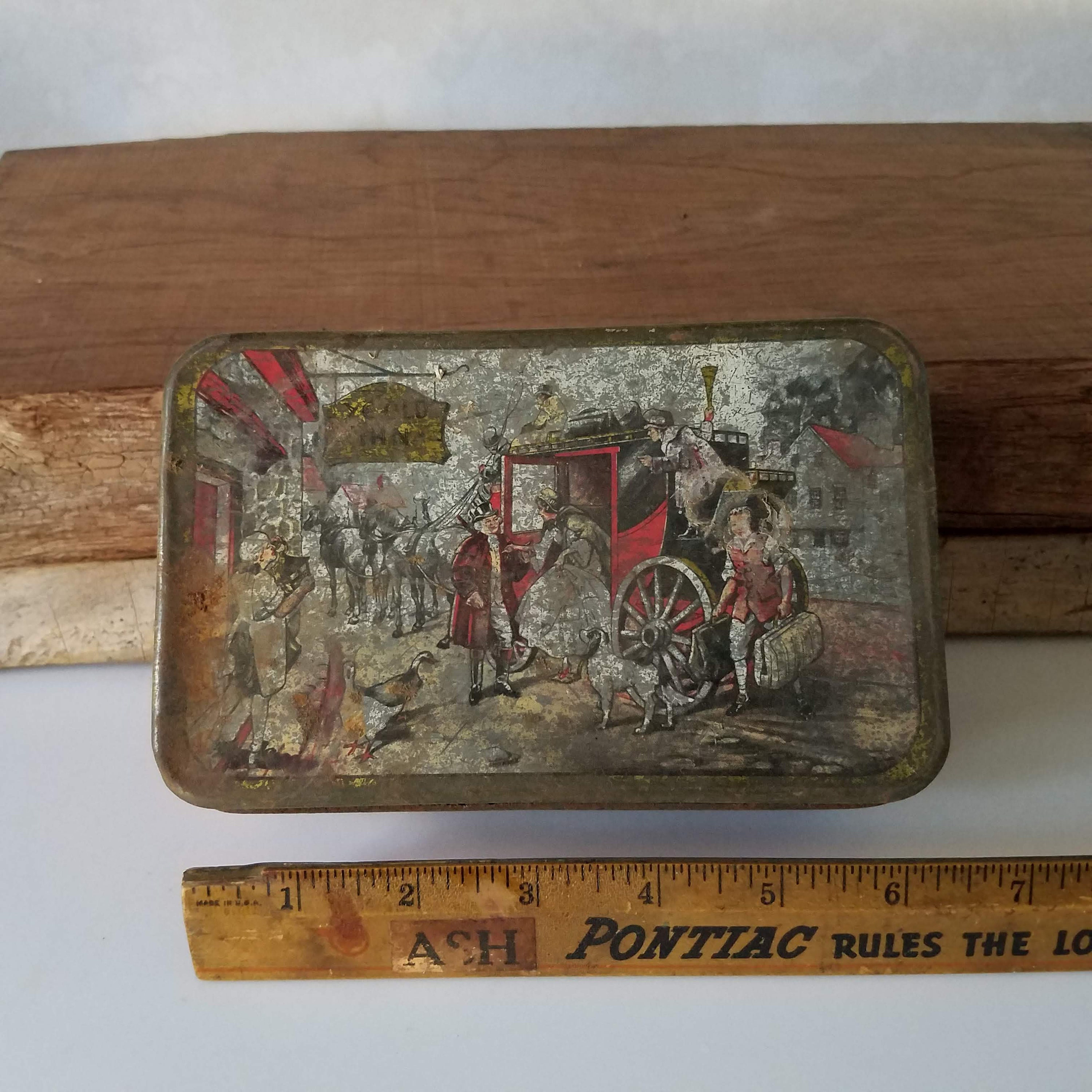 Vintage Metal Tin, Ye Old Inn Red Tin with Horse and Red Carriage Scene