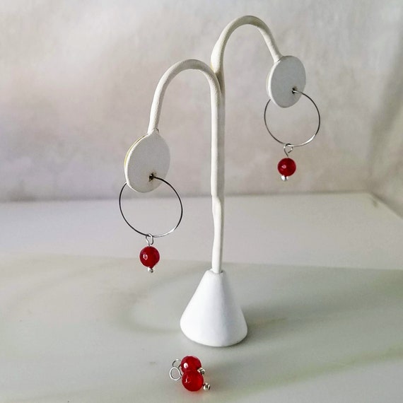 Stainless Steel Hoop Earrings with Red Gemstone Removable Charm, Minimalist Boho Earring