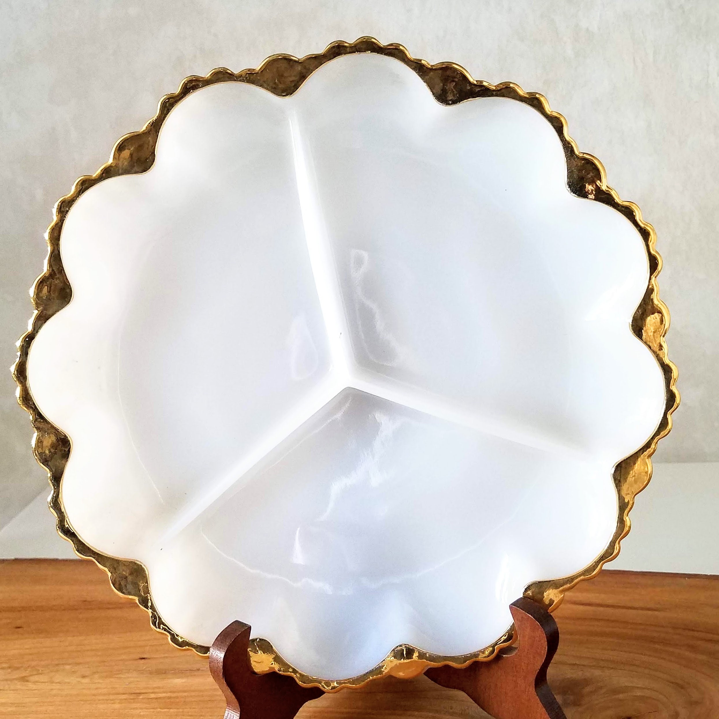 Gold Rimmed Milk Glass Plate, Vintage White Milk Glass Divided Plate, Vintage Farmhouse Decor