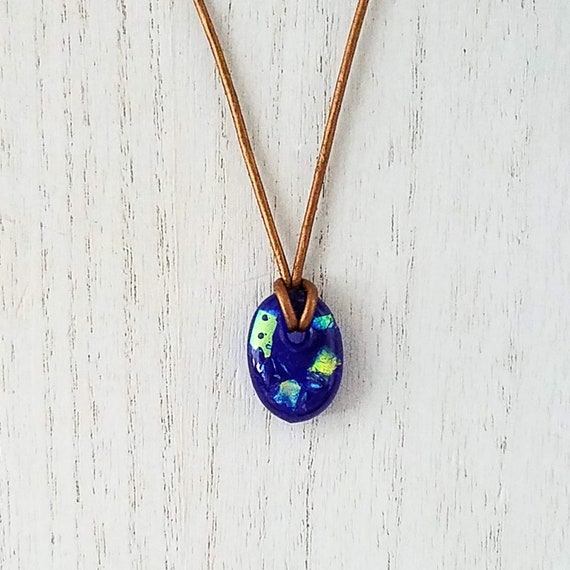 Royal Blue Necklace, Blue Dichroic Fused Glass Pendant on a Bronze Leather Adjustable Cord, Handmade Hypoallergenic Necklace
